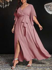 Vestido maxi elegante de fiesta con abertura, cuello en V ajustado, mangas acampanadas y cintura fruncida, talla grande para mujer - Rosa vieja - Ver 6