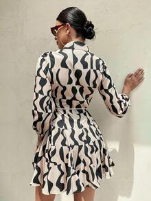 GENKIRA Vestido camisero con estampado todo sobre y cinturón, atuendos de trabajo y vacaciones para mujer - Multicolor - Ver 5