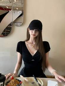 美国性感V领T恤 女款 夏季蕾丝扭结短袖修身露脐上衣 黑色 - 黑色 - 查看 2