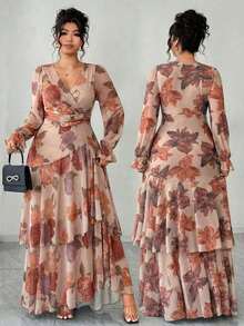 Reflora Nuevo vestido largo de mujer de talla grande con estampado floral, volantes en el bajo, cintura ceñida y alta elasticidad, vestido de otoño, vestido con volantes, vestido floral - Multicolor 3 - Ver 9