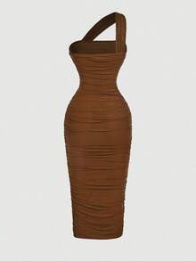 Vestido sin mangas con pliegues asimétricos de estilo vintage para mujer - Marrón - Ver 2
