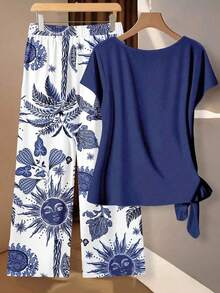 Conjunto de 2 piezas de blusa con lazo y pantalones rectos para mujer, informal - Multicolor 18 - Ver 2