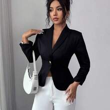 Elenzya Elegant Rose Gold Metal Button Waist Cinched Shawl Neck Black Long Sleeve Women Thin Blazer - Negro - Ver 8