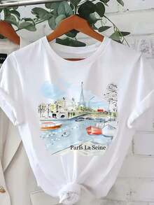 Camiseta de manga corta con estampado gráfico, cuello redondo, estilo casual para verano y primavera, ropa de mujer, estilo casual. - Blanco - Ver 7