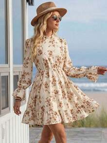 Vestido corto casual de manga larga con cuello alto y estampado floral para mujer - Multicolor 2 - Ver 5