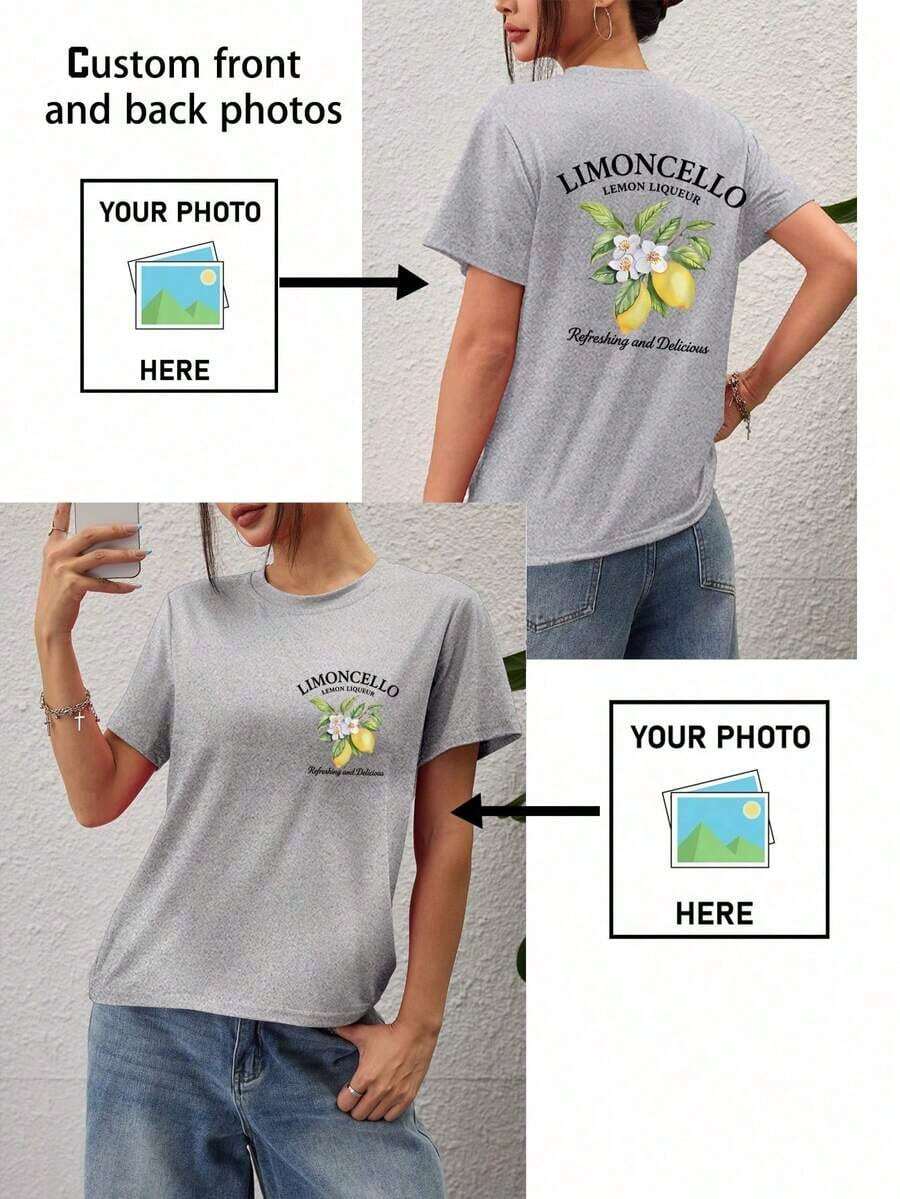 Personalized Women's T-Shirt - Add Your Text And Photos (Landscape/Badge/Couple/Family/Selfie/Pet), Printable On The Front And Back, Suitable For Summer Travel, Girlfriend Gift, Personalized Women's T-Shirt, Women's Top, Fashion, Casual, Minimalist, Personalized, Unique, Men's Clothing, Black Capsule Wardrobe, For The Family - 淺灰色 - 查看 1