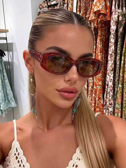 1pc Women's Rectangular Small Frame Wine Red Grid Pattern Temple Fashion Glasses, Retro Bohemian Fashionable Elegant Decorative Shades, Suitable For Beach, Vacation, Street Style, Date, Camping, Driving