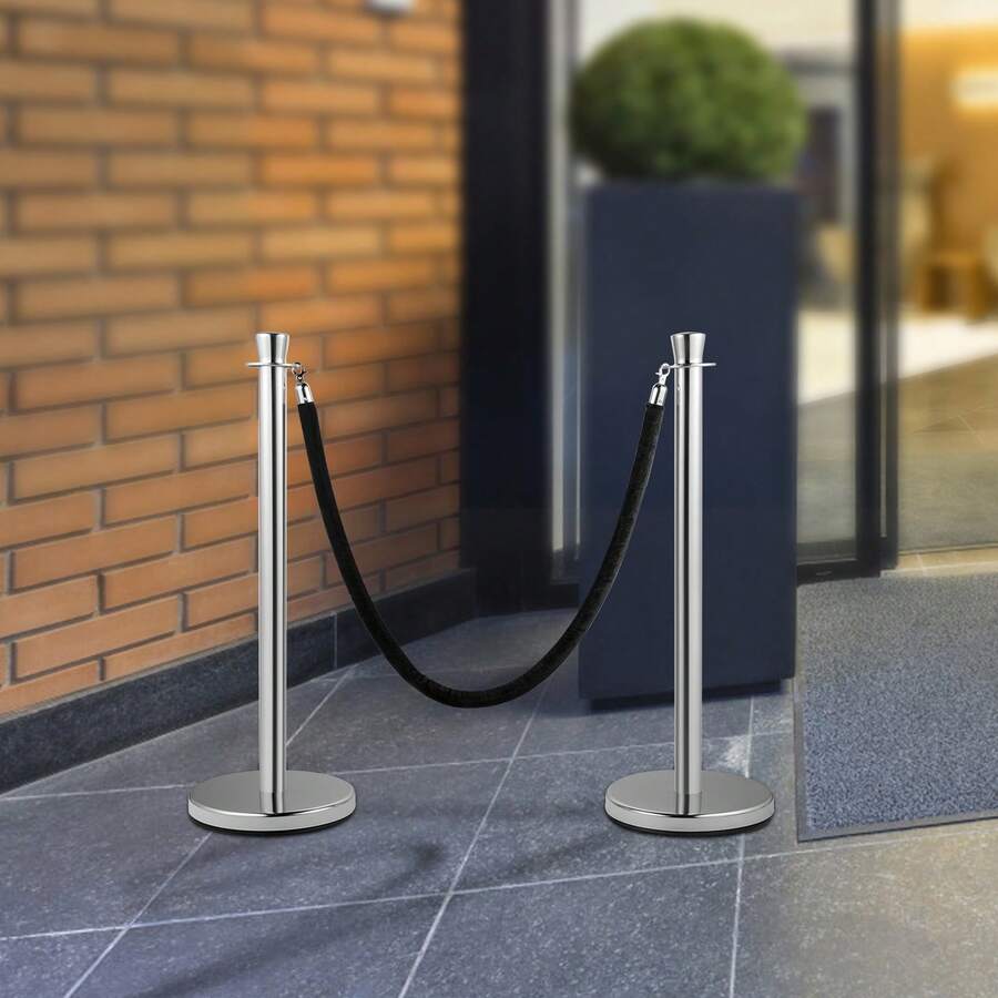 VEVOR Crowd Control Stanchion, Set Of 2 Pieces Stanchion Set, Stanchion Set With 5 Ft/1.5 M Black Velvet Rope, Silver Crowd Control Barrier With Sturdy Concrete And Metal Base - Easy Connect Assembly - 5 Ft/1.5 M - View 1
