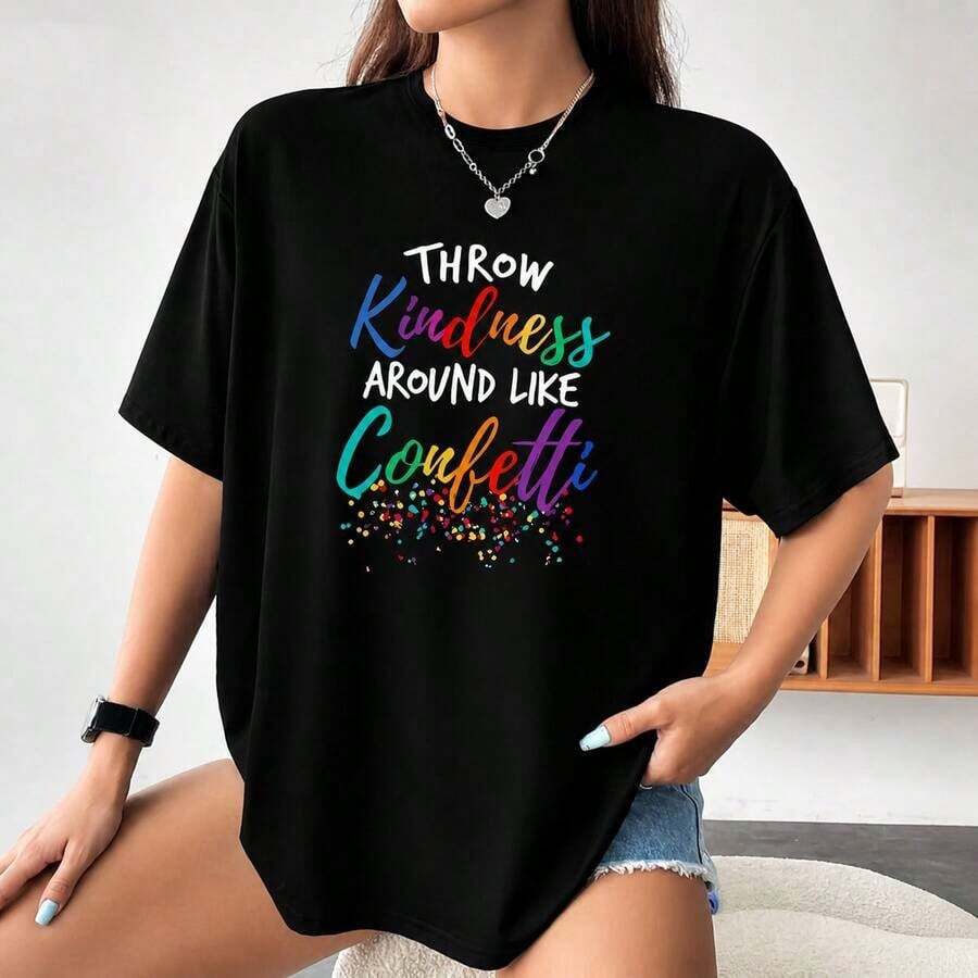 Camiseta Casual Estampada Vintage de Talla Grande para Mujer - Negro - Ver 1