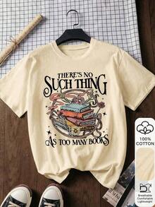Camiseta de manga corta vintage, linda, interesante y cómoda, con estampado de libros y flores, y estampado de letras de dibujos animados para amantes de la lectura. Camiseta de mujer adecua - Albaricoque - Ver 2