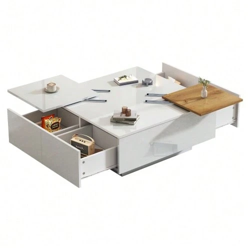Modern Square Coffee Table In Glossy White Wood With Shelf, 75 X 75 X 33.5 Cm, Small Sliding Tabletop, Maximum Load Capacity Of 30 Kg. - White - View 1