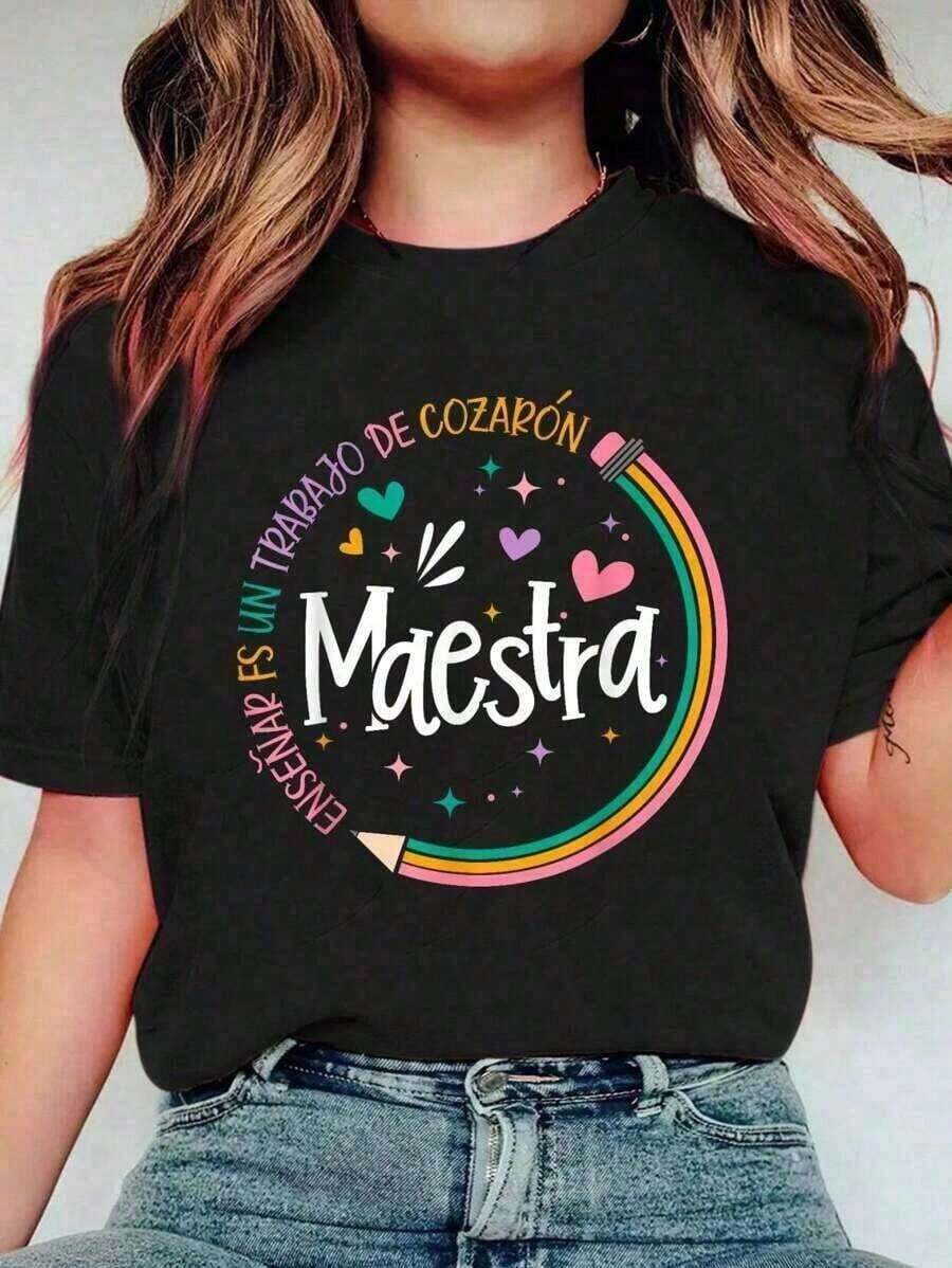 Solt Vintage Camiseta de Maestra de Español Regreso a Clases Primer Día de Clases para Mujeres y Hombres Talla Grande Camiseta Suave Tops Casuales Transpirables Camisetas Gráficas Camisas de Hombre Ropa de Calle Camisa Blanca Camisa Negra Suelta y cómodaFashion graphic - Negro - Ver 1