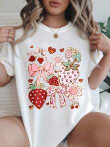 Women's Casual T-Shirt With Cute Vintage Strawberry Print, Bows, Hearts, And Flowers, Suitable For All Seasons

BlackFashion - 白色 - 查看 1