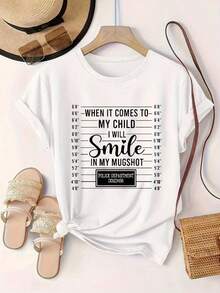 Women's Vintage Style Short Sleeve Casual T-Shirt - Featuring The Phrase "When It Comes To My Child I Will Smile In My Mugshot", Round Neck, Summer Top, Machine Washable, Ladies' T-Shirts, Casual Wear, Modern Look, Comfortable Fit.

-WhiteFashion - 白色 - 查看 2