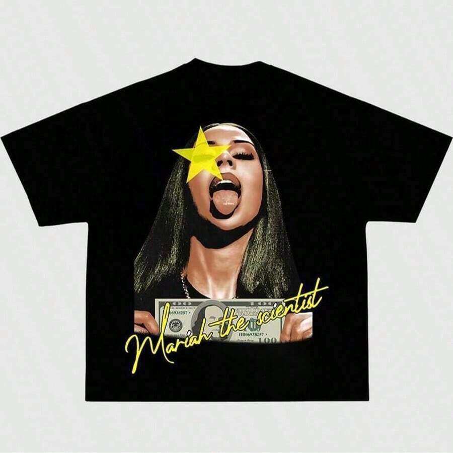 Men's And Women's Hip-Hop T-Shirt, Mariah Scientist Rapper, Classic Women's T-Shirt With Free Thugs Print, Crew Neck, Short Sleeve, Y2K Vintage Streetwear Style, YAYH Women's Oversized Cotton Graphic T-Shirt - 玫紅色 - 查看 1
