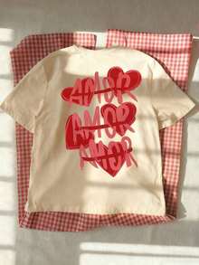 Women's Short-Sleeved Summer T-Shirt With A Letter And Heart Print, Featuring A Relaxed And Versatile Fit, A Round Neck, And A Beige Color. Suitable For Everyday Wear, Holidays, And Valentine's Day. Pure-Cotton - 杏色 - 查看 9