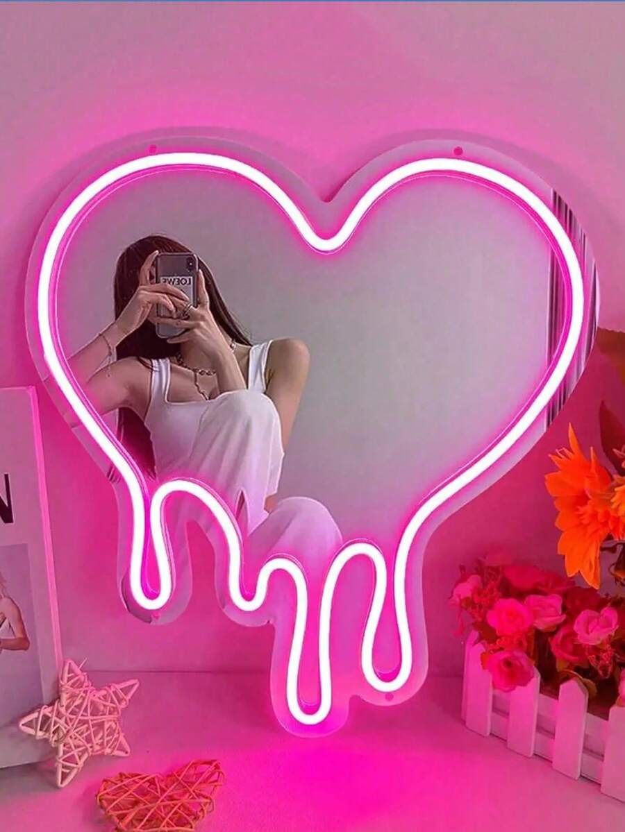 Baby Room Heart-Shaped Neon Sign Heart-Shaped Melted Wall Decoration, Pink USB Powered LED Lights, Fused Heart Art Mirror, Home Decoration Wall Mirror, Very Suitable For Bedroom, Girl's Room, Party, Studio, Beauty Salon, Tattoo Shop, Store Decoration. Great Birthday Gift