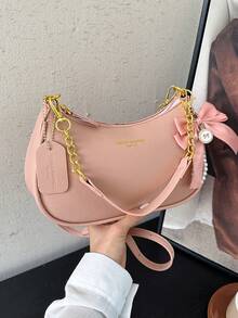 Bolso de hombro en forma de media luna 2025, nuevo diseño de moda clásico y versátil con decoración de patrón de letras, unicolor, material PU impermeable, bolso de mano y bandolera, adecuad - Camel - Ver 8