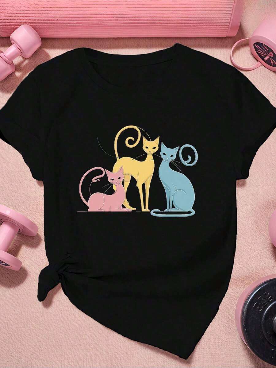 ropa de mujer Stylized Cats Illustration Women's Sports Short Sleeve T-Shirt camisas de mujer - Negro - Ver 1