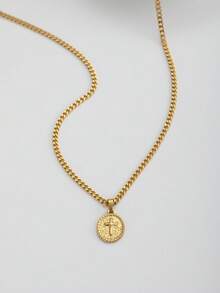1Pc Resplendent Stamped Crucifix Medallion For Boys Girls Twisted Rope Link Disc For Sunday Service Antique Bazaars Rooftop Dinners Nature Hikes. Divine Emblem & Effortless Apparel Detail - Gold - View 4