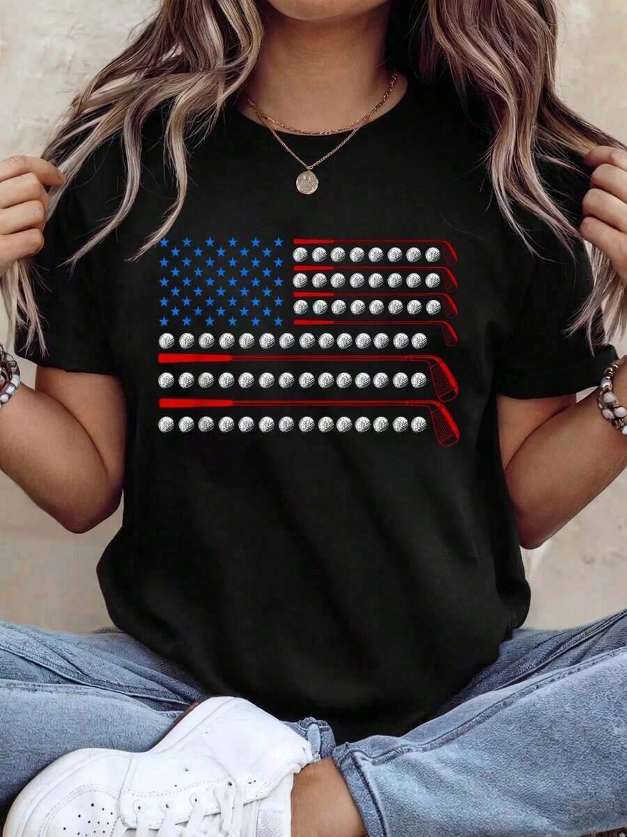 Camisetas Patrióticas de Golf con Bandera de EE. UU., Palos de Golf, Pelotas de Golf del 4 de Julio, Camisetas Gráficas para Mujeres, Niños y Hombres - Negro - Ver 1