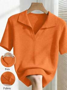 New 2026 Collection: Women's Solid Color Fitted Knit Blouse, Spring/Summer, White, Simple, Casual, With Roll Neck And Raglan Short Sleeves. Solid Color Blouses, Pink Blouses, Baby Pink Blouses. - 橘色 - 查看 7