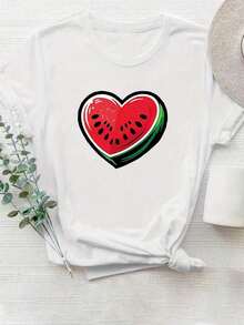 1 Pieza de Camiseta Casual de Moda para Hombres y Mujeres con Estampado de Corazón de Sandía - Verde, Cuello Redondo, Poliéster Ligero, Estilo Veraniego, Lavable a Máquina, Versátil, Fácil de Combinar, Uso Diario, Estilo Urbano, Ropa de Vacaciones, Ropa de Fin de Semana - Multicolor - Ver 8