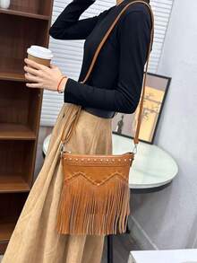 1 pieza Bolso de cubo vintage con flecos para mujer, bolso cruzado reversible con flecos - Marrón 3 - Ver 6