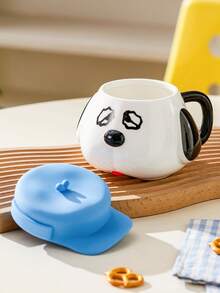 SNOOPY 花生漫画史努比3D立体狗脸咖啡杯，带蓝色帽子盖 - 新颖陶瓷杯，冷热饮皆宜 - 藍白色 - 查看 4