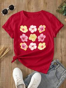 Camiseta oversize roja de verano para mujer con estampado de hibiscos tropicales Camiseta casual roja de manga corta con flores hibisco, ideal para looks de playa y verano - YH415-Rojo - Ver 2