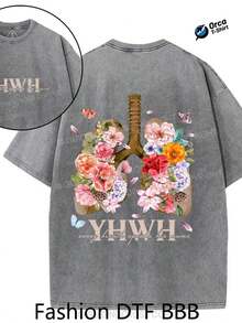 Camiseta de algodón lavado con estampado floral de YHWH, 100% algodón puro, marca Orca, adecuada para uso casual, salidas al aire libre, deportes, vacaciones, regalos y otras ocasiones. - Gris - Ver 1