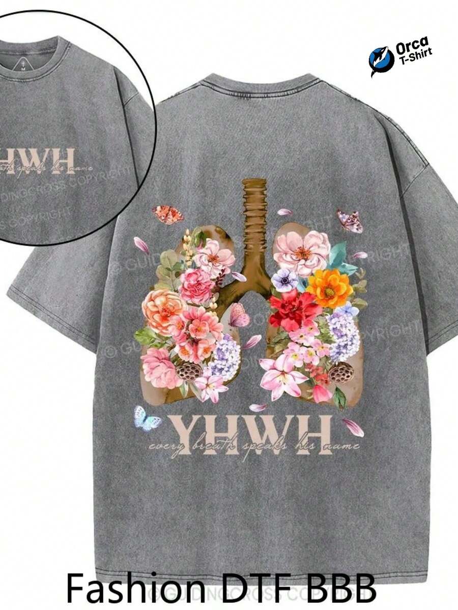 Camiseta de algodón lavado con estampado floral de YHWH, 100% algodón puro, marca Orca, adecuada para uso casual, salidas al aire libre, deportes, vacaciones, regalos y otras ocasiones. - Gris - Ver 1
