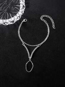 1pc Fashionable Minimalist V-Shaped Crystal Interlocking Bracelet, Versatile - Silver - View 3