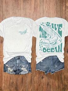 GiftCamiseta con Estampado [Promoción Dirigida] SAVE THE OCEAN, Camiseta de Manga Corta Casual para Mujer, Ropa de Mujer - Camiseta de Manga Corta de Algodón, Estilo Vintage Urbano, Unisex, Corte HolgadoSoft - Blanco - Ver 3
