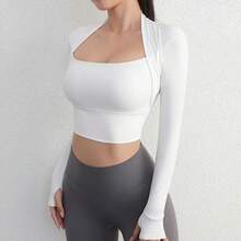 Cloud Hide Camiseta de Yoga para Mujer, Manga Larga, Top Corto, Blusa Deportiva para Gimnasio, Camiseta de Fitness, Ropa Deportiva para Entrenamiento, Ropa de Otoño Invierno - Negro simple - Ver 9