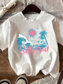 Short-Sleeved T-Shirt With Summer Beach-Style Print, Round Neck, Casual Top, Suitable For Spring And Summer, Classic Women's Clothing, Simple, Elegant And Versatile, 100% Cotton. - 白色 - 查看 6
