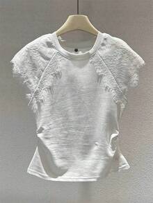 Camiseta de manga corta para mujer, estilo coreano, de algodón, con encaje, plisada, ajustada, blanca, con diseño creativo y cuello redondo, Verano 2025 - Papas fritas blancas [con hamburguesa de ] - Ver 2