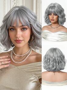 10 Inch Light Brown Wavy Bob Wig With Bangs, Natural Silky Texture Heat Resistant Synthetic Hair, Anti-Tangle Anti-Shedding Breathable Cap, Realistic Look Trending Viral Hairstyle For Daily Wear, Party, And Photoshoot Popular Women Hair Accessory - 淺灰色 - 查看 6