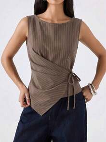 Camiseta de mujer de unicolor con dobladillo asimétrico, cintura con lazo y cuello redondo - Caqui - Ver 6