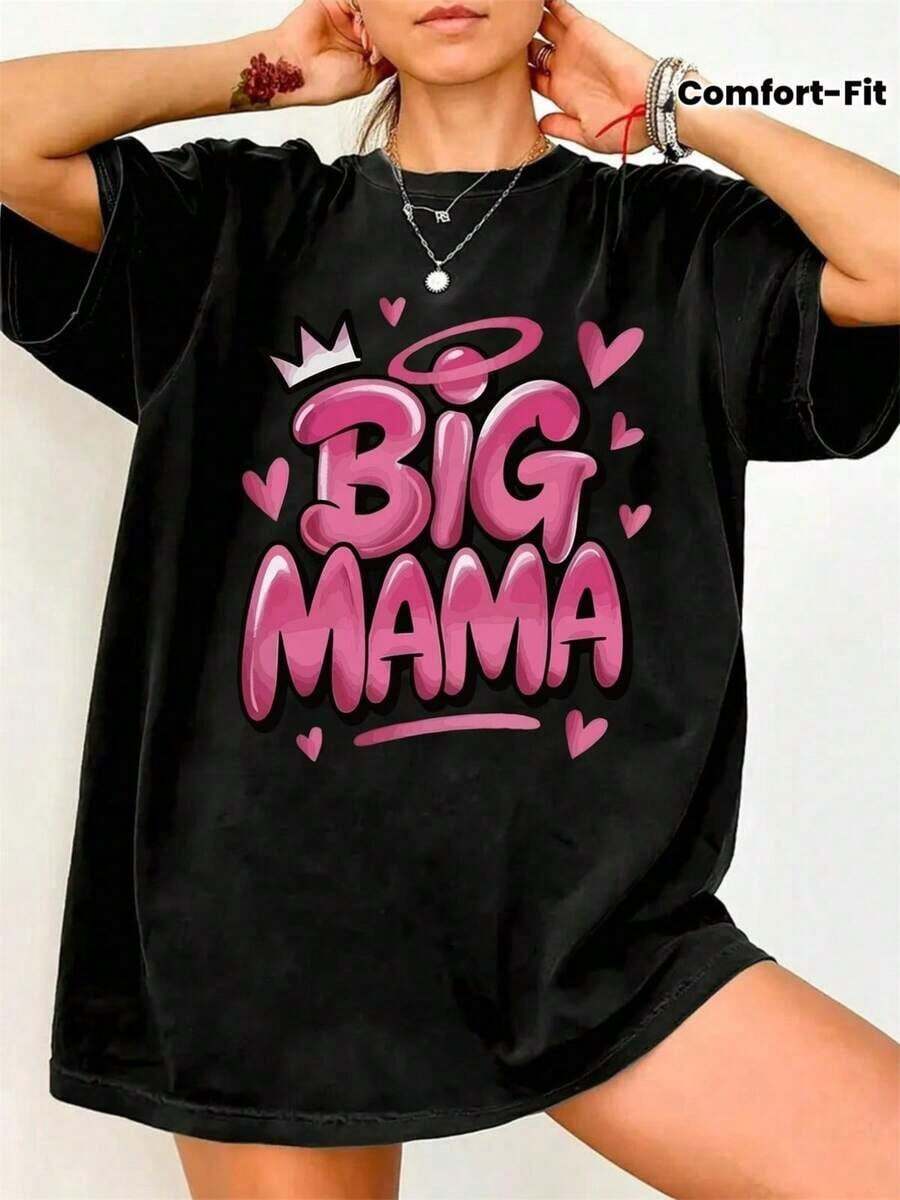 Plus Size Maternity Camisole For Women - "Big Mama Mom" Round Neck Top, Comfortable Fit Pregnancy Camisole Suitable For All Seasons, Machine Washable Black Blouse For Casual Wear And Nursing Mothers, Short Sleeve Round Neck Camisole For Women For Daily Wear And Travel, Breathable And Comfortable. - 黑色 - 查看 1