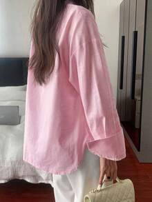 Vellofy 女士纯色棉质休闲衬衫，单排扣长袖上衣，适合日常、海滩和度假穿着，粉色 - 粉色 - 查看 2