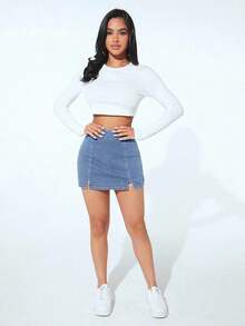 Falda pantalón informal de mezclilla con corte alto y dobladillo con doble abertura para mujer - Azul - Ver 4