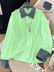 Camisa de efecto de mezclilla de parchwork casual para mujer, otoño/invierno - Verde - Ver 1