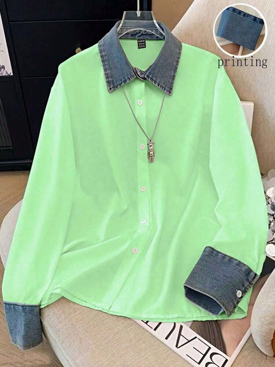 Camisa de efecto de mezclilla de parchwork casual para mujer, otoño/invierno - Verde - Ver 1