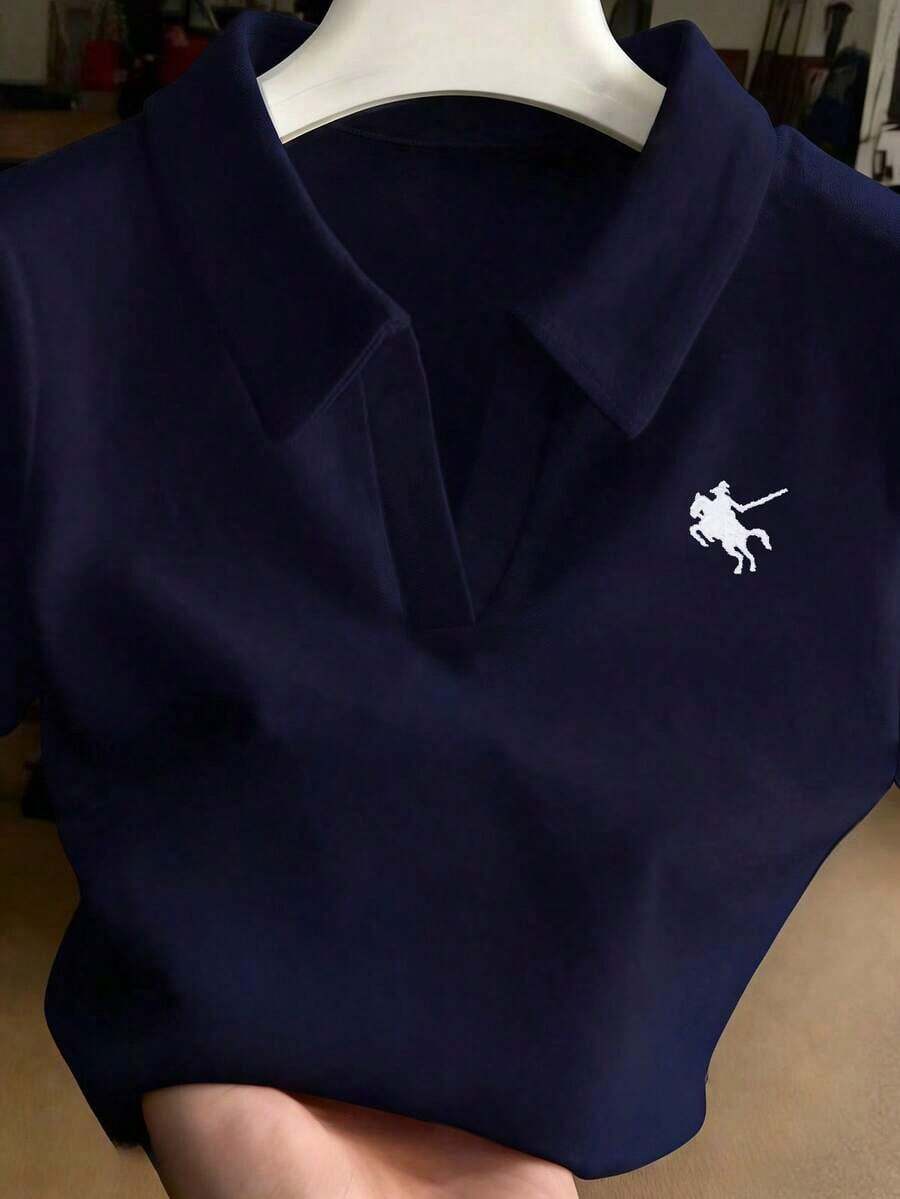 Camiseta de manga corta ajustada con cuello bordado para mujer - Azul marino - Ver 1