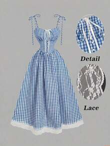 Vestido midi de estilo romántico y campestre con estampado de cuadros rojos y blancos - Celeste - Ver 2
