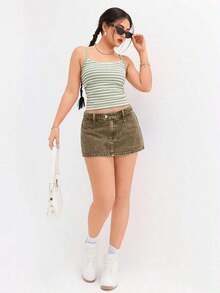 Falda mini de mezclilla lavada informal para mujer - Café integral - Ver 3