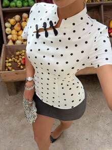 Blusa de cuello Mao de manga corta con cintura ceñida, estilo chino nuevo en color albaricoque, nuevo diseño de primavera/verano para mujer - Blanco y Negro - Ver 6