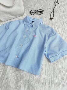ElCamisa de manga corta holgada con bordado de mariposa a rayas azules para mujer, corta - Multicolor 3 - Ver 6