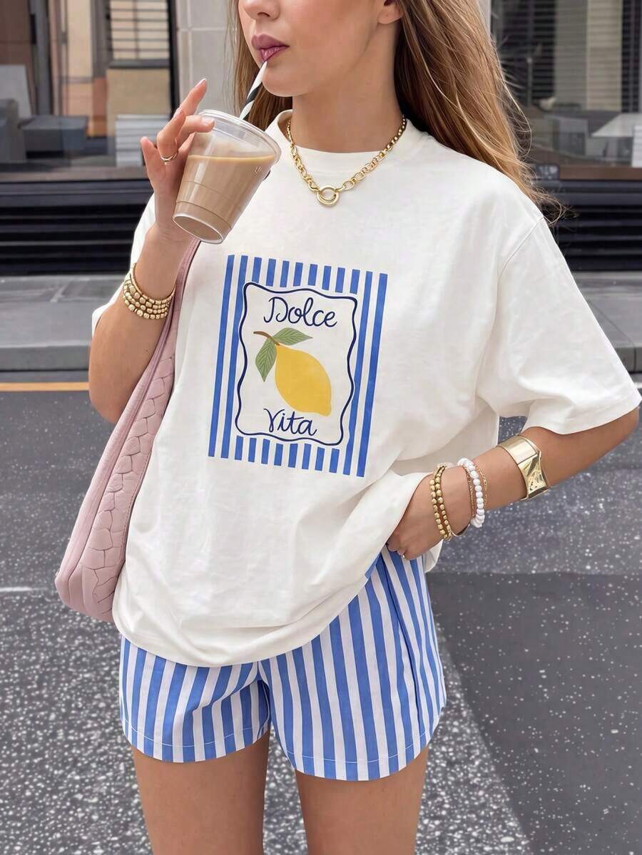 Casual de las mujeres de manga corta Casual ronda cuello Drop hombro camiseta blanca con estampde limón AEVW - Blanco - Ver 1